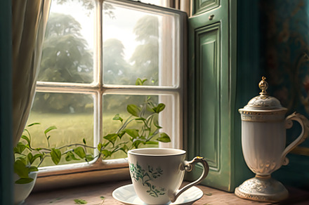 Sunny morning in the English countryside, cup of tea by the wind, a Food & Drink Photo by Anneleven