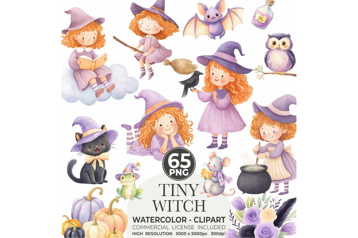 Cute Witch Clipart PNG – Watercolor, an Illustration by CharmClipart (Photo 1 of 7)