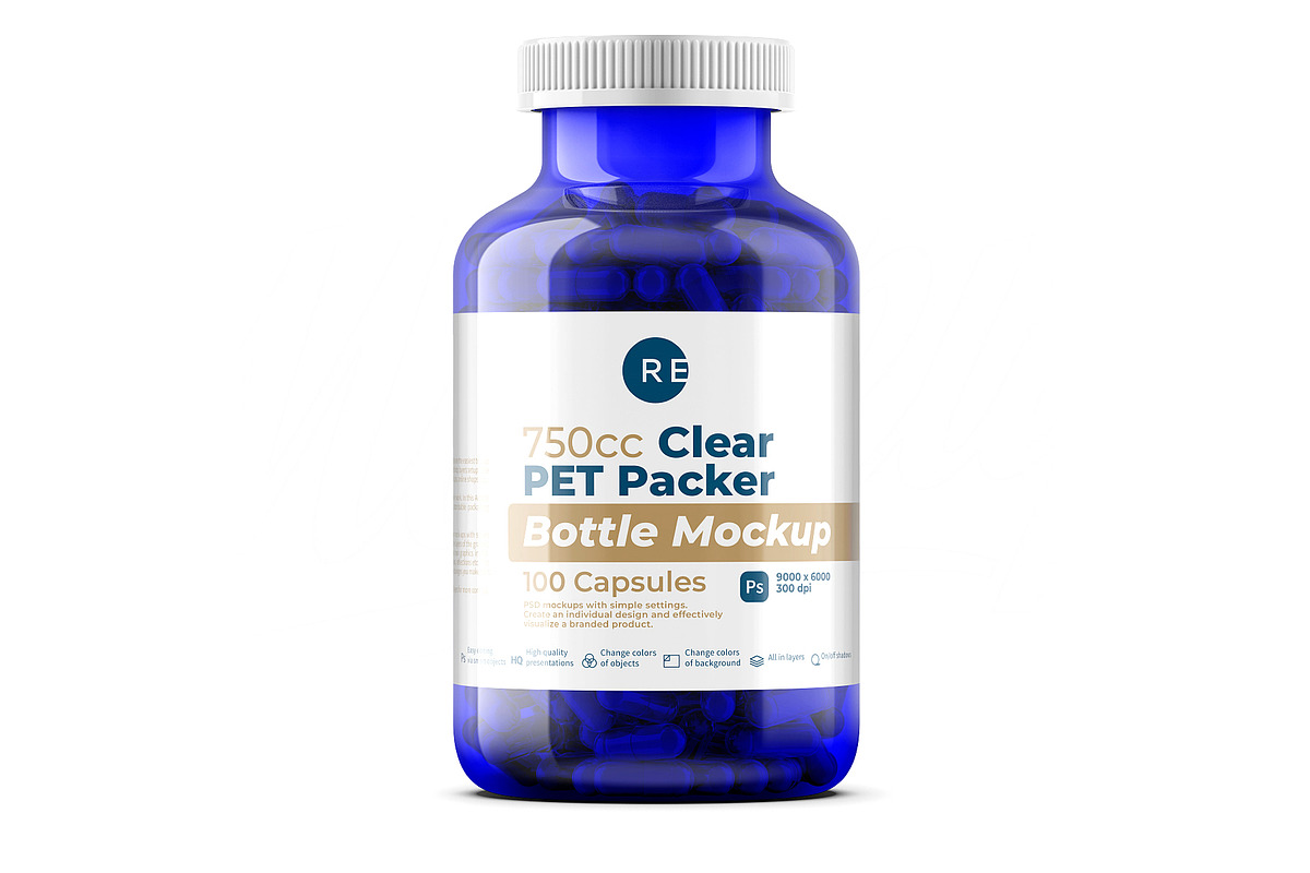 Blue Pills Bottle Mockup, a Packaging Mockup by Reformer Mockup (Photo 1 of 6)