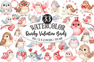 Quirky Valentine Birds Clipart, an Illustration by Designking