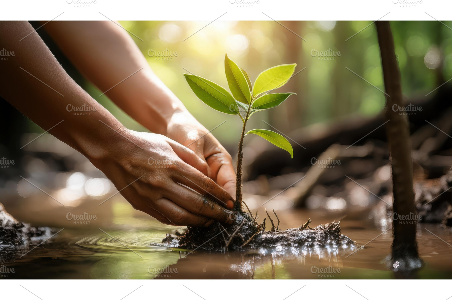 Hands planting a seedling in wet, a Nature Photo by Igor Tichonow