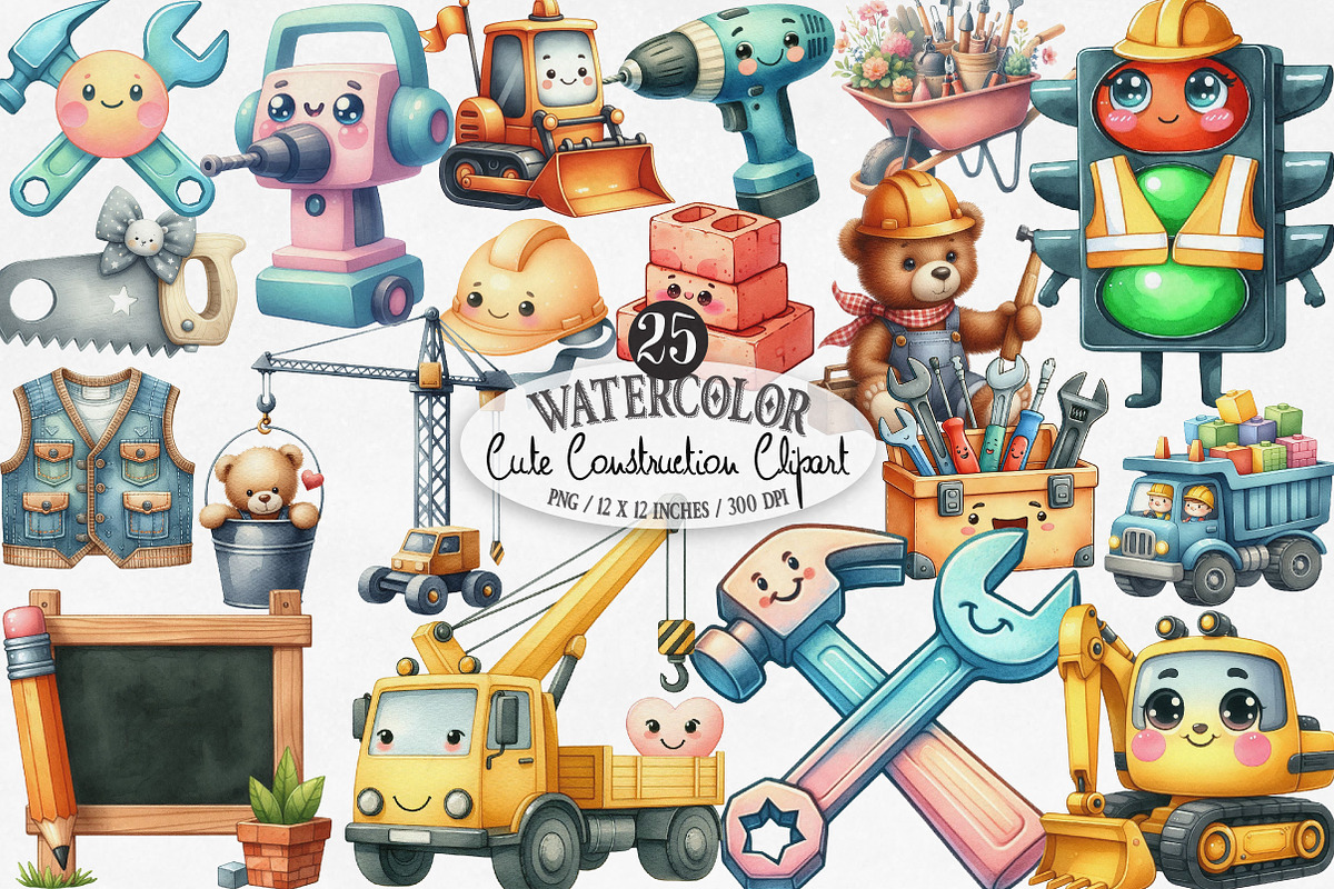 Cute Construction Watercolor Clipart, an Illustration by Designking (Photo 1 of 4)