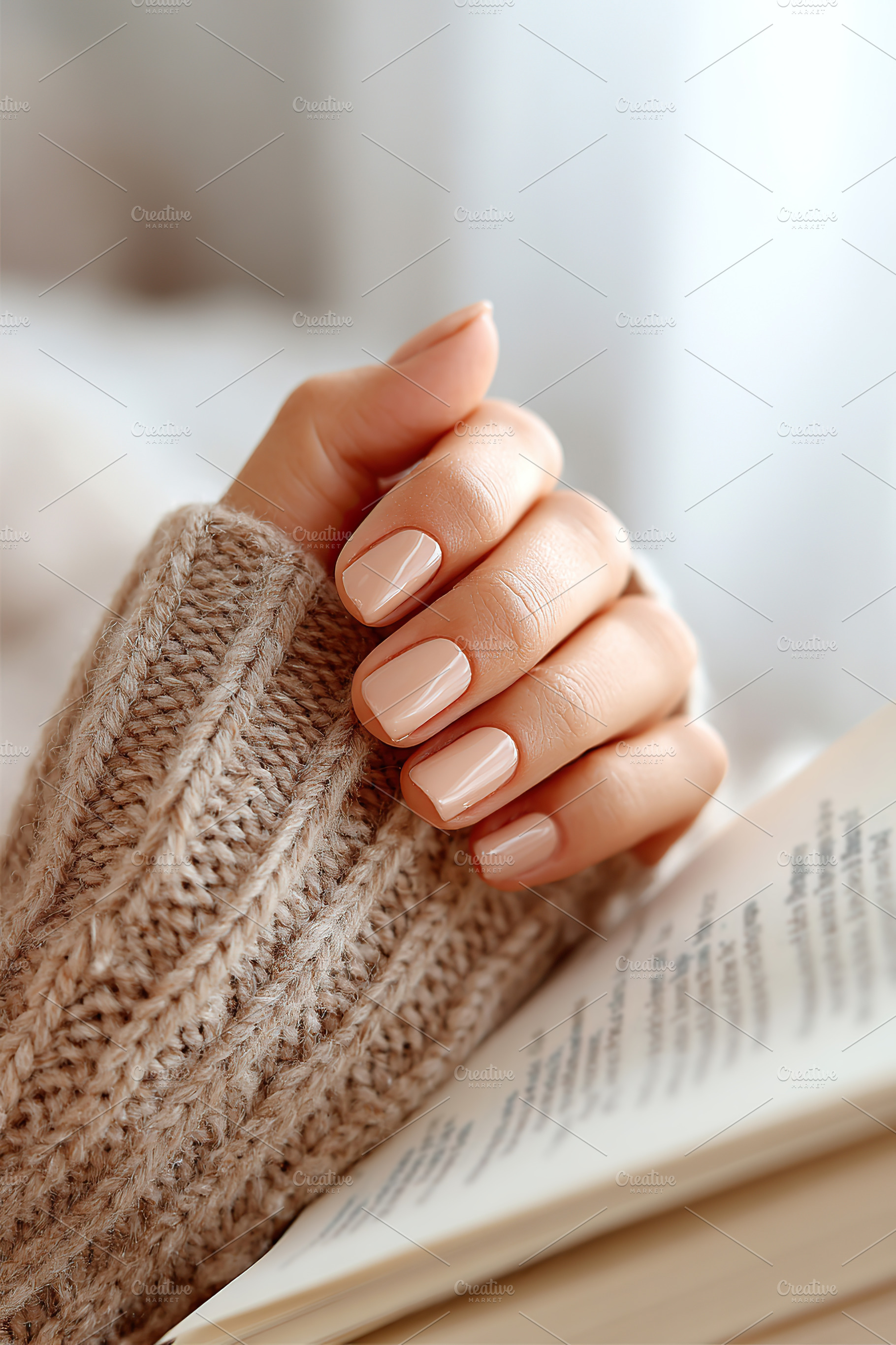 Elegant close-up of a female hand with manicured nails holding a book indoors, a Beauty & Fashion Photo by AlyaAnd