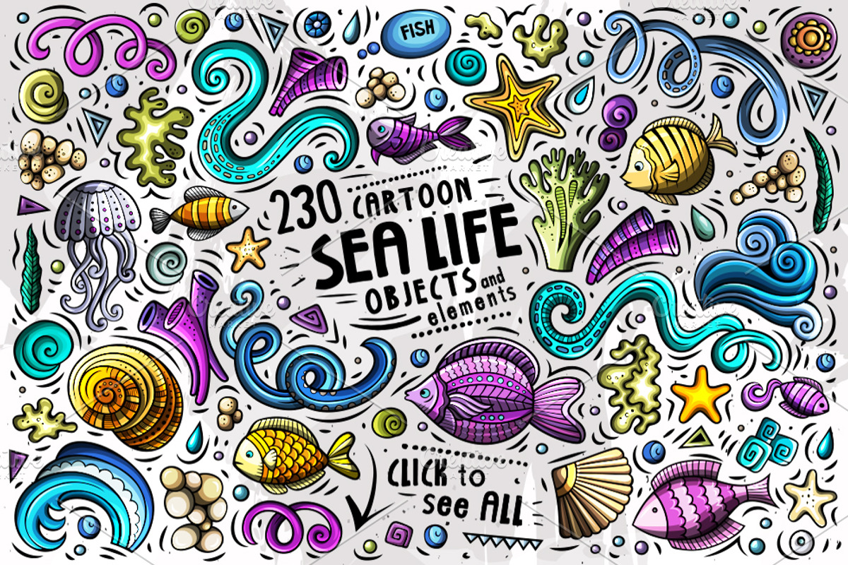 Sea Life Cartoon Doodle Big Pack, a Decorative Illustration by BALABOLKA (Photo 2 of 10)