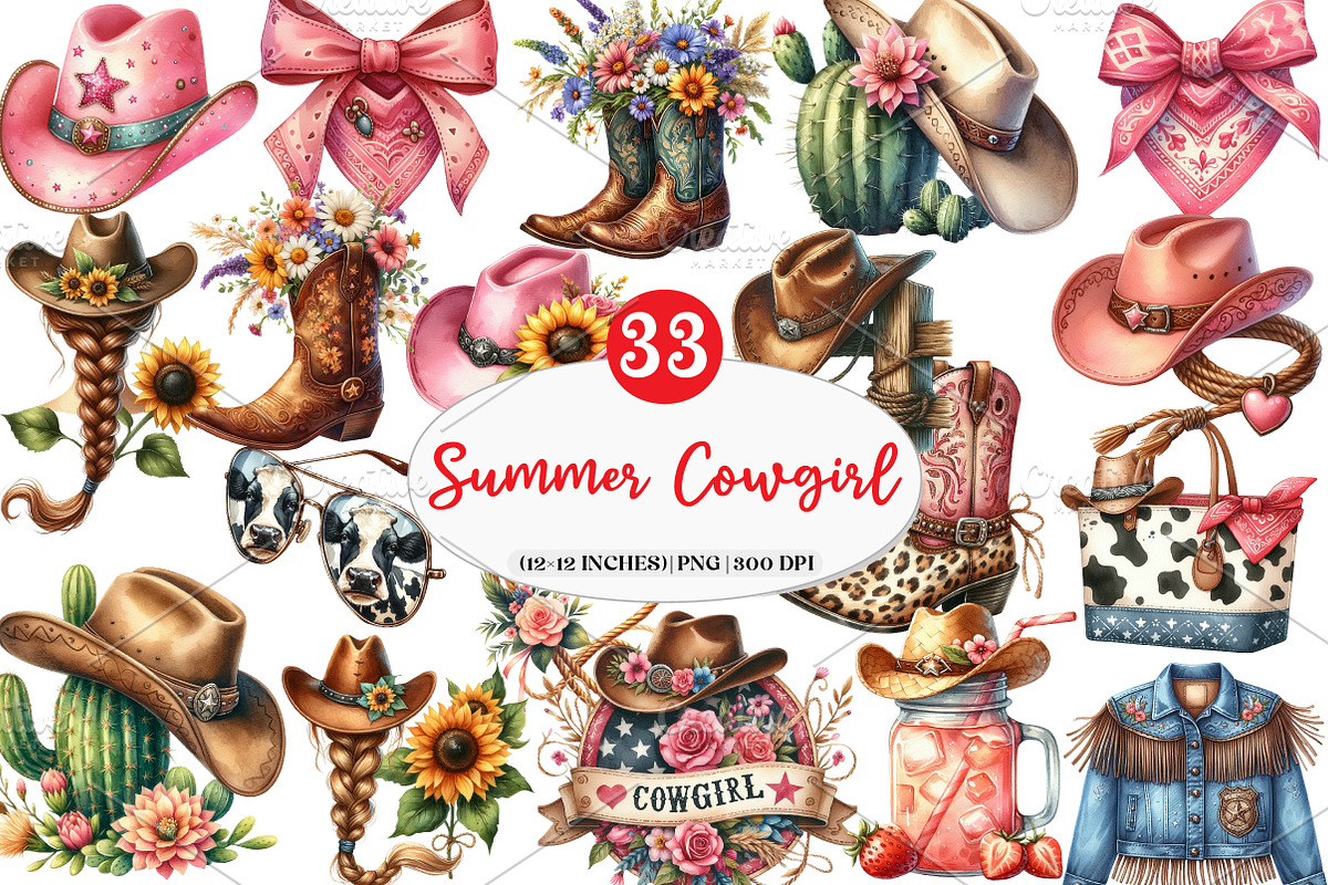 Summer Cowgirl Sublimation Clipart, an Illustration by Watercolor design (Photo 1 of 4)