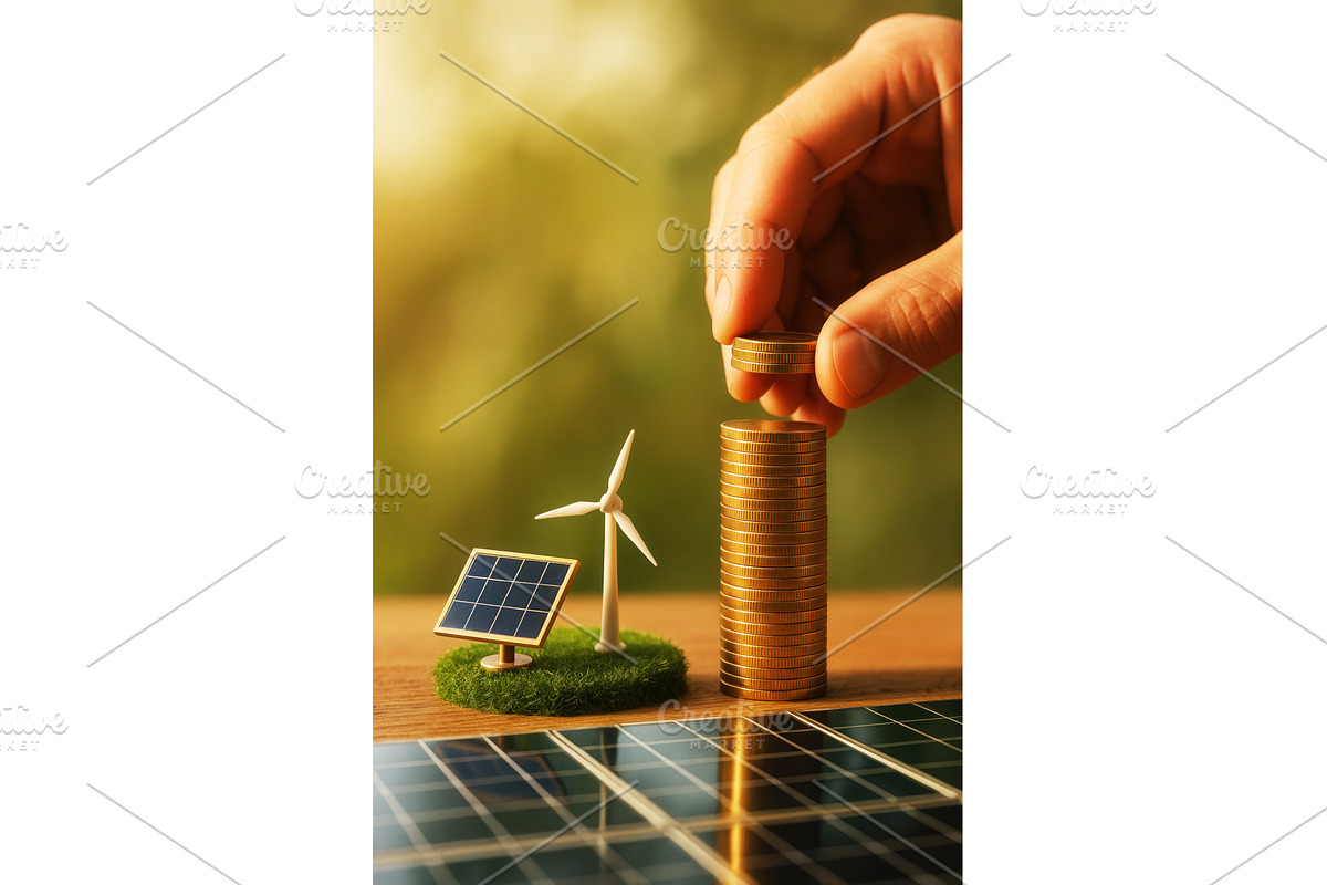 Hand stacking coins next to, a Finance Illustration by Sergey Kotenev