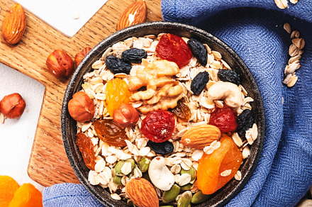 Muesli bowl and organic ingredients for healthy breakfast. Grano, a Food & Drink Photo by 5PH