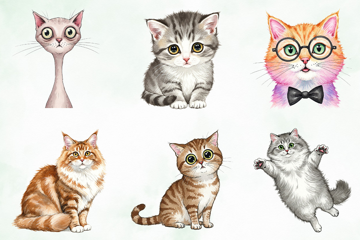 Watercolor Funny Quirky Cat Png, an Illustration by Creative Art (Photo 2 of 8)