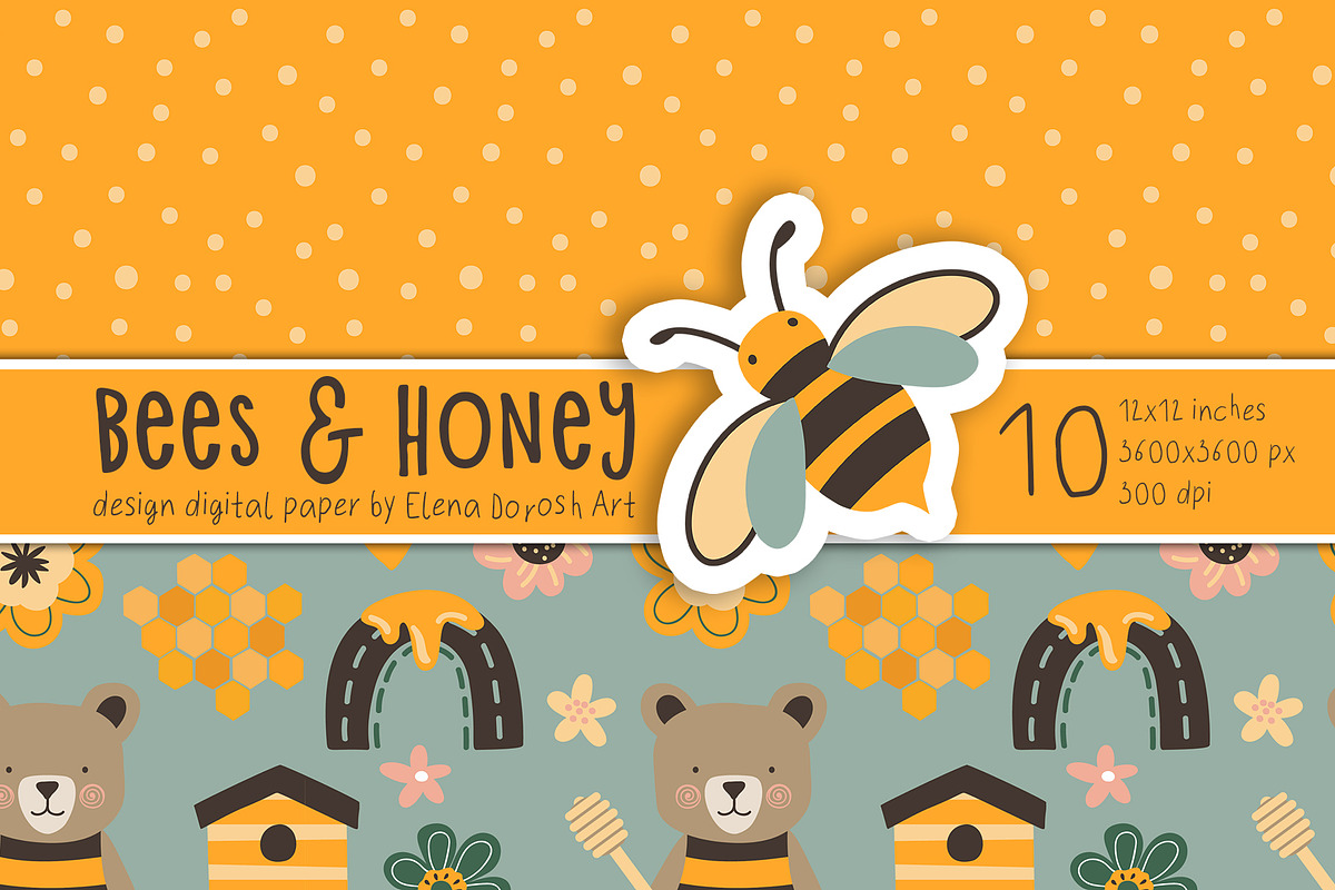 Bees, Honey Cartoon Digital Paper, a Pattern Graphic by Elena Dorosh (Photo 5 of 6)