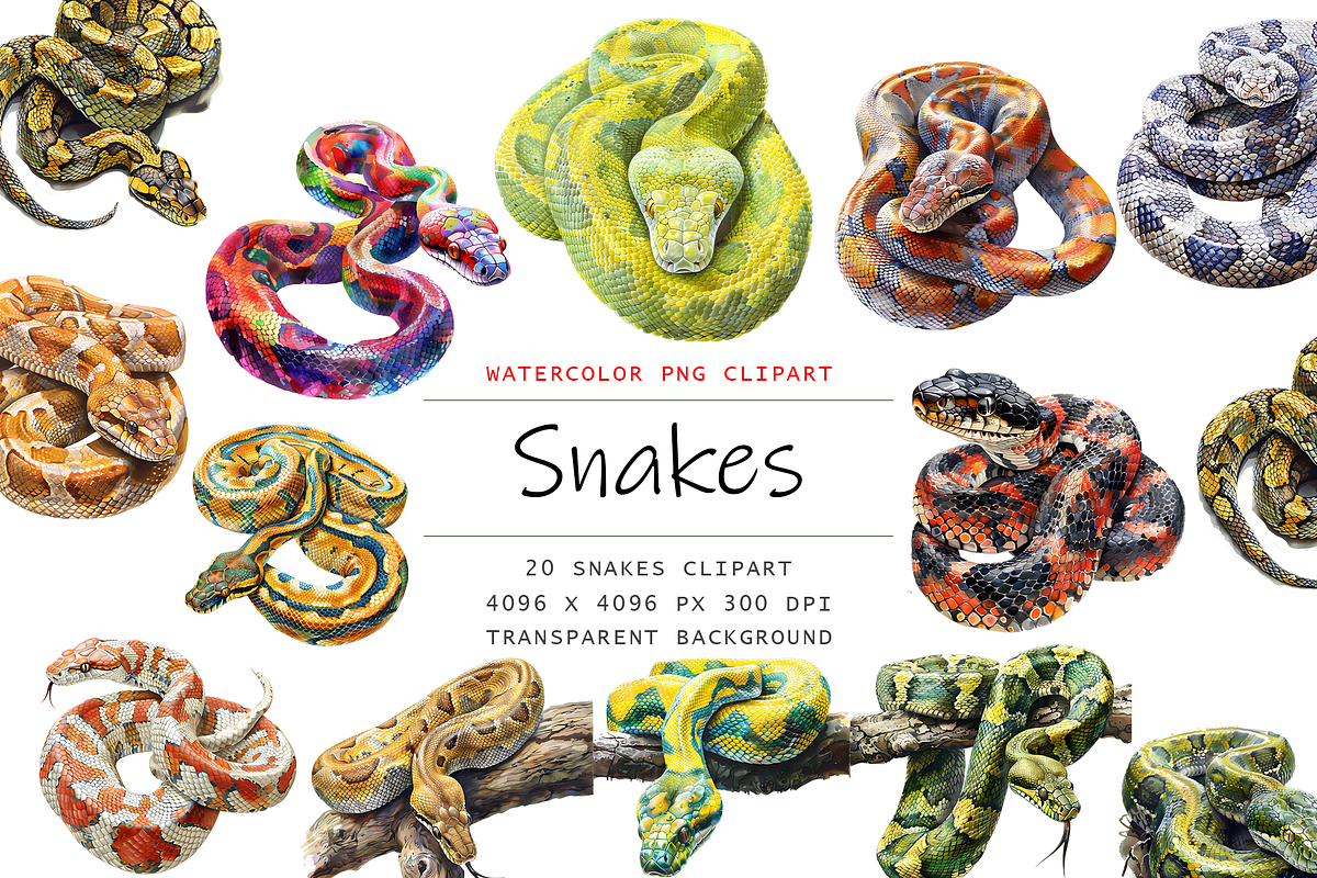 Watercolor Snakes Clipart, 20 PNGs, an Object Graphic by stickermadness (Photo 2 of 4)