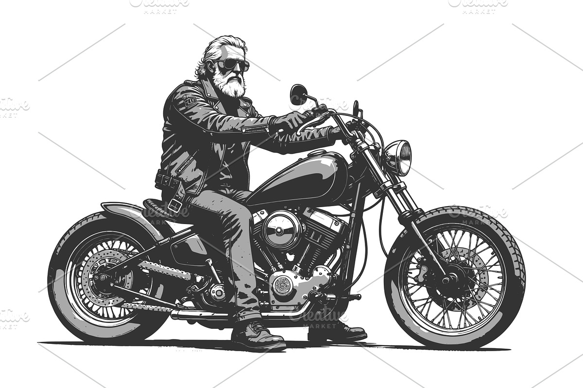 Bearded Biker Riding Classic Chopper, a Person Illustration by AlexArt
