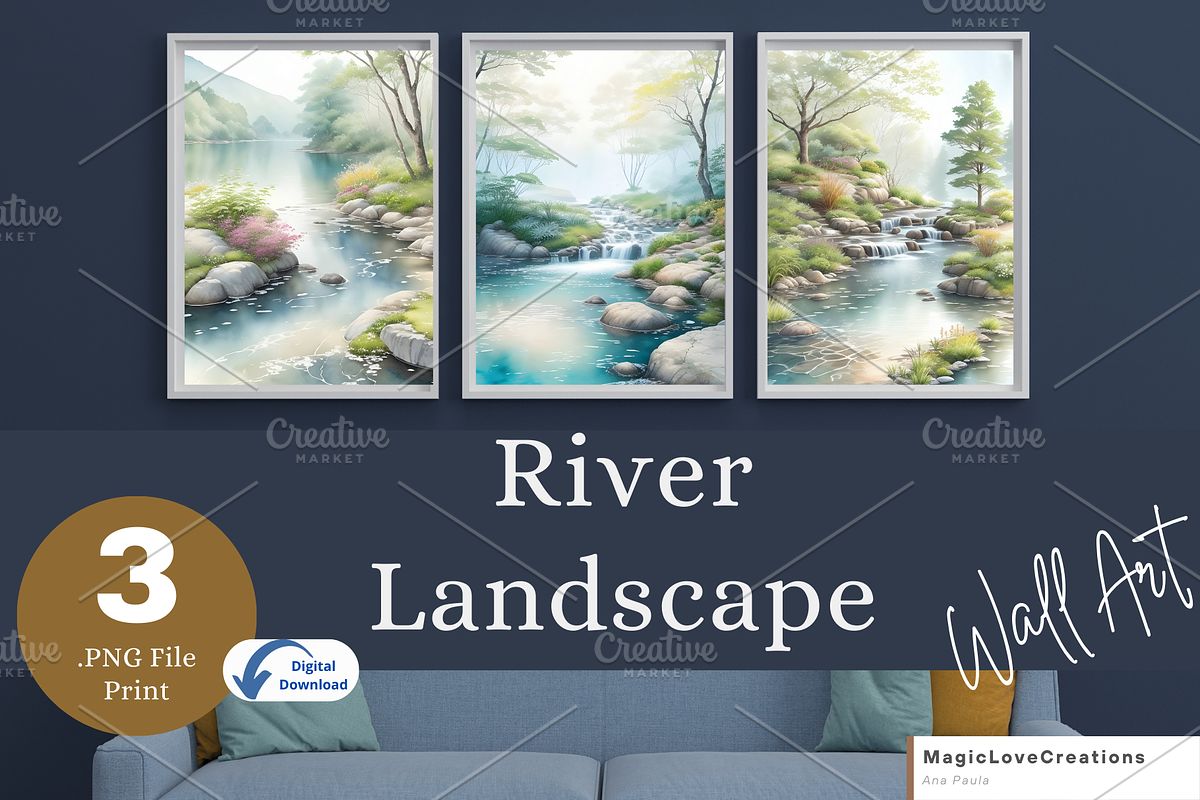 River Watercolor Landscape Print Art, a Poster Template by MagicLove Creations (Photo 1 of 8)