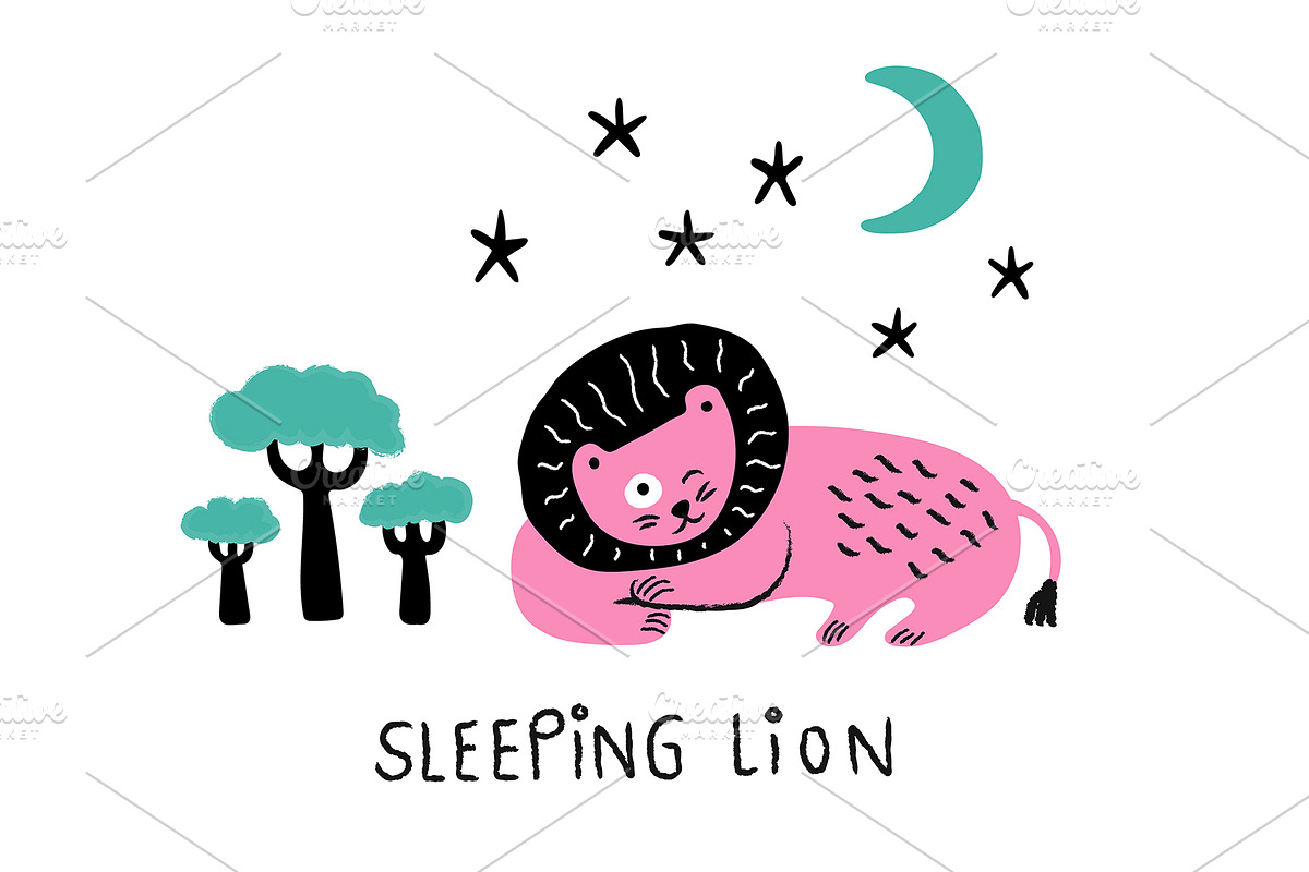 Sleeping Lion under the moonlight, an Animal Illustration by Irene Loal (Photo 1 of 2)