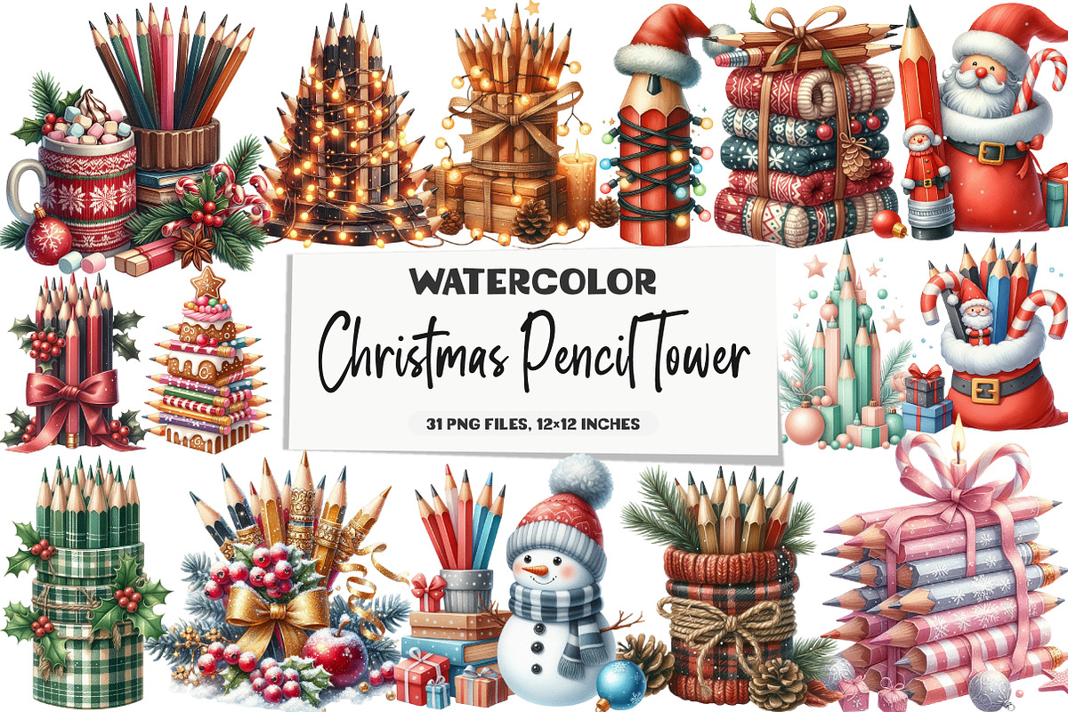 Christmas Pencil Tower Clipart, an Illustration by DreamArtGraphic (Photo 1 of 5)