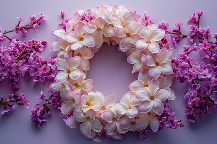 Elegant Floral Wreath of White and Pink Flowers on a Lavender Background, a Photo by AS photostudio