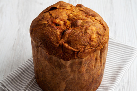 Homemade Italian Panettone with Raisins and Large Pieces of Cand, a Food & Drink Photo by LiudmylaChuhunova