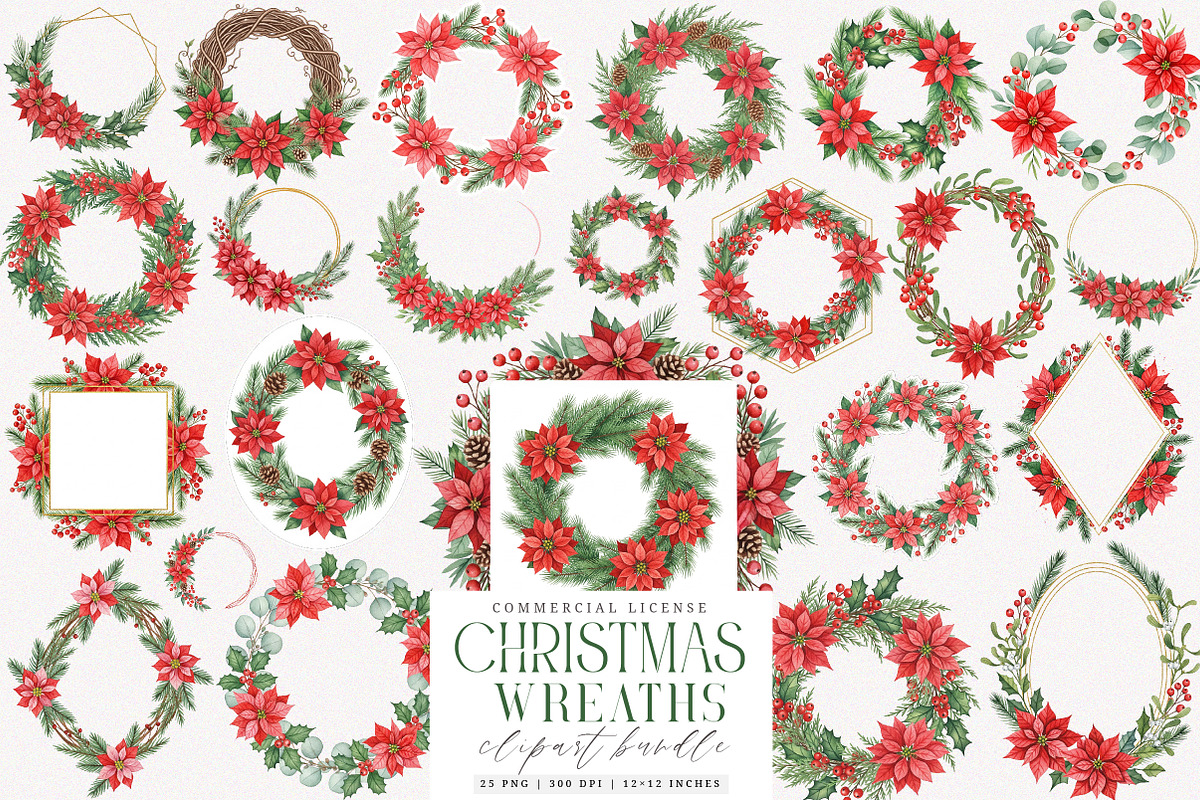 Poinsettia Christmas Wreaths Clipart, an Illustration by SinaCreation (Photo 1 of 7)