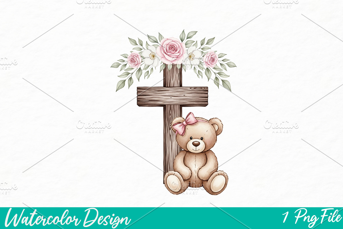 Pink Floral Wooden Cross & Teddy png, an Illustration by Watercolor design (Photo 1 of 3)