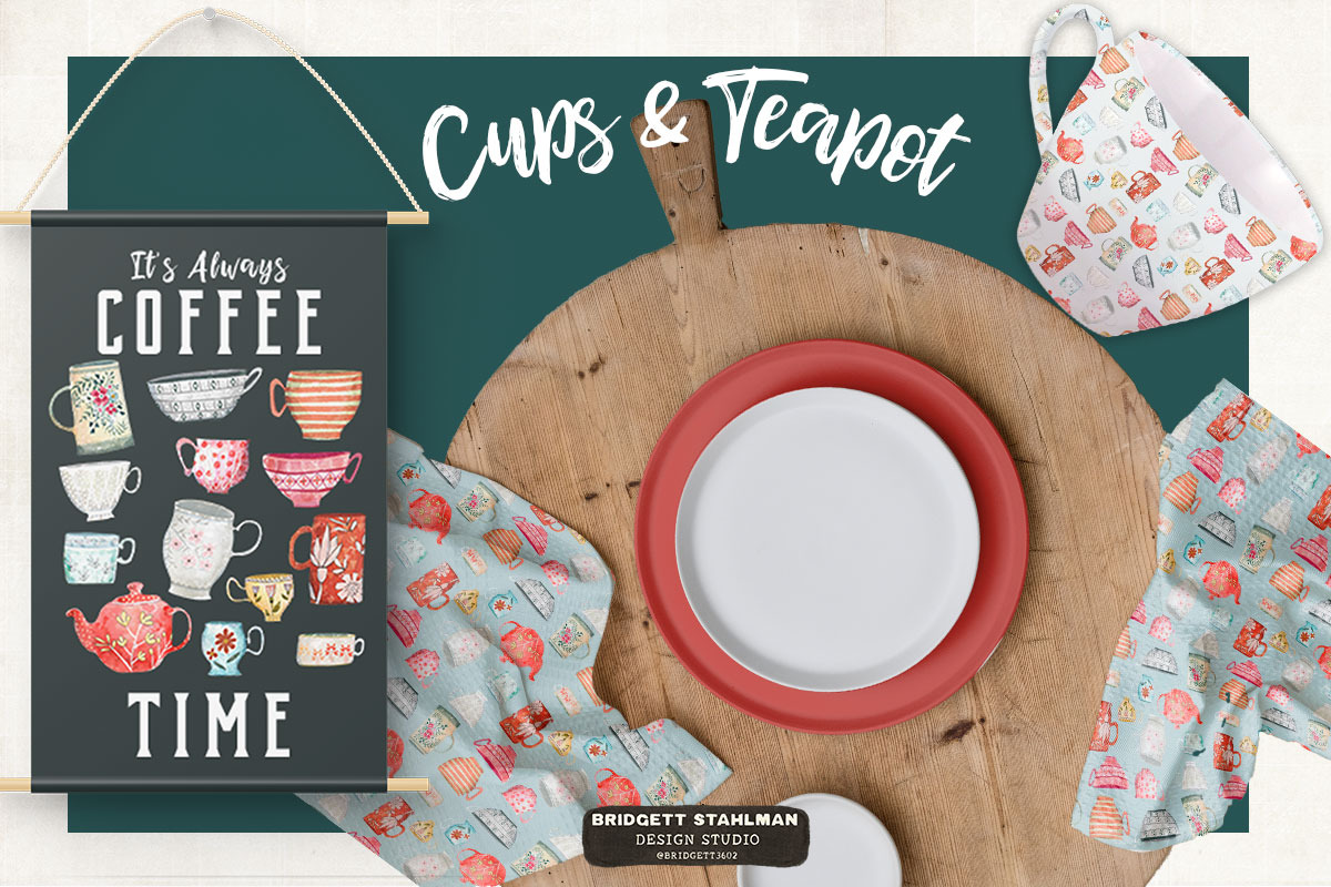 Watercolor Cups Mugs & Teapot, a Graphic by Bridgett Stahlman Design (Photo 5 of 6)