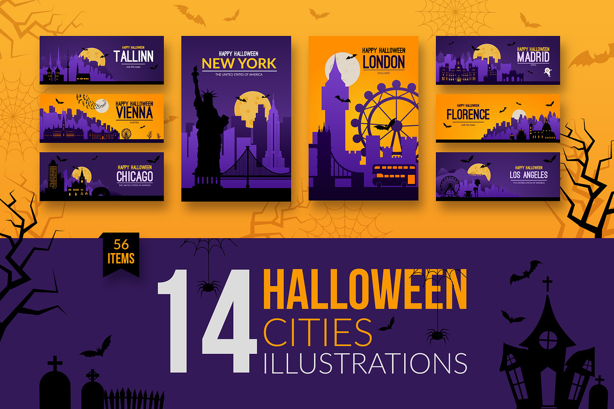 Halloween cities holiday backgrounds, an Illustration by Chuhastock