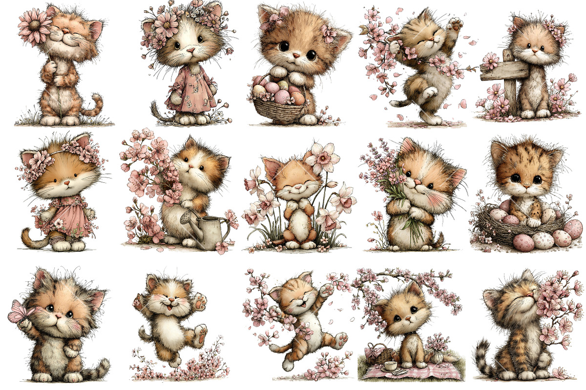 Whimsical Spring Cat Clipart, an Illustration by OK Design (Photo 3 of 6)