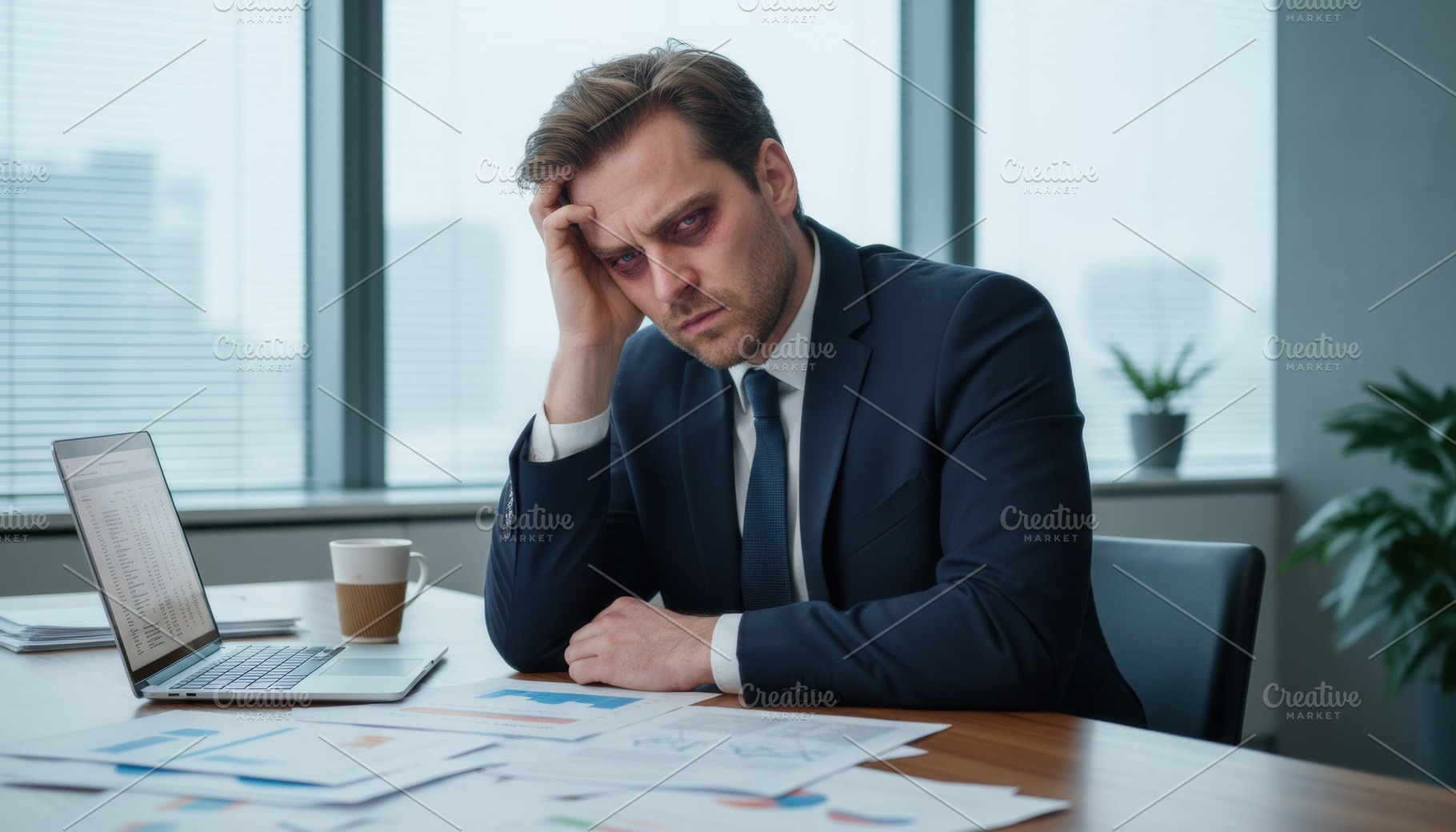 Stressed businessman working at desk with laptop, a Business Photo by Igor Tichonow