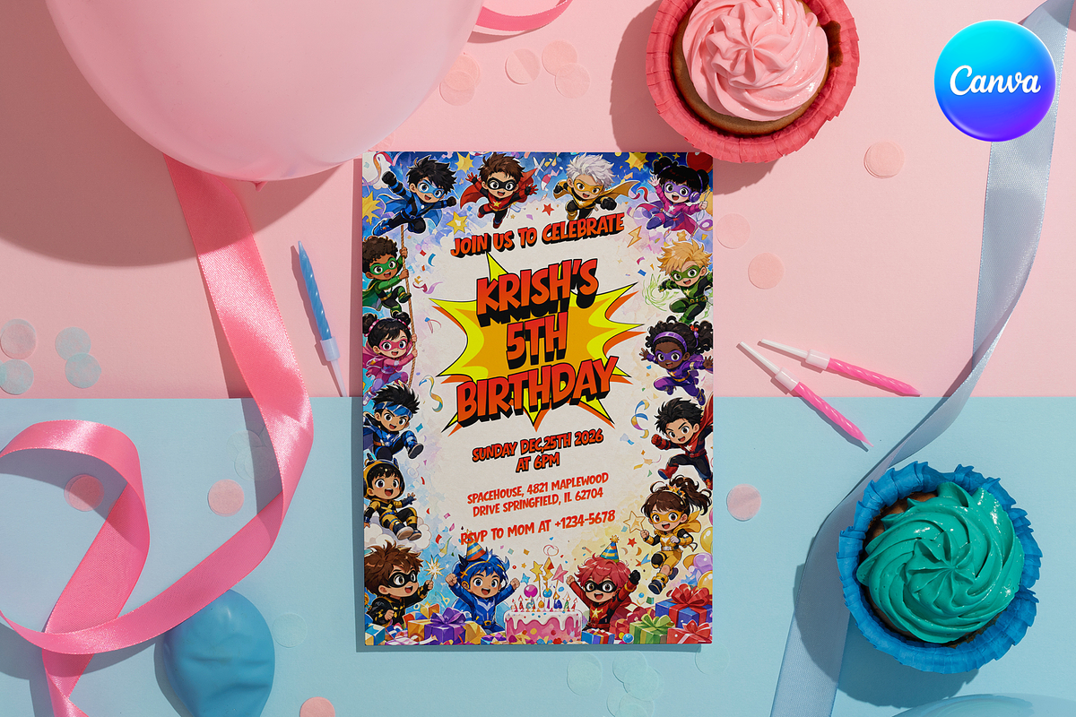 Chibi Superhero Birthday Invitation, an Invitation Template by InvitingStorys (Photo 2 of 12)