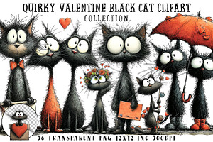 Quirky Valentine Black Cat Clipart, an Illustration by OK Design