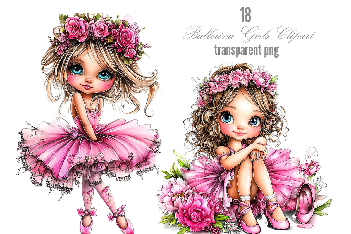 Ballerina Girls Whimsical Clipart, a Seasonal Illustration by Designking (Photo 1 of 5)
