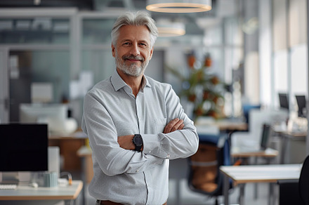 Portrait of mature man with grey hair standing in business office, a Person Photo by AlyaAnd