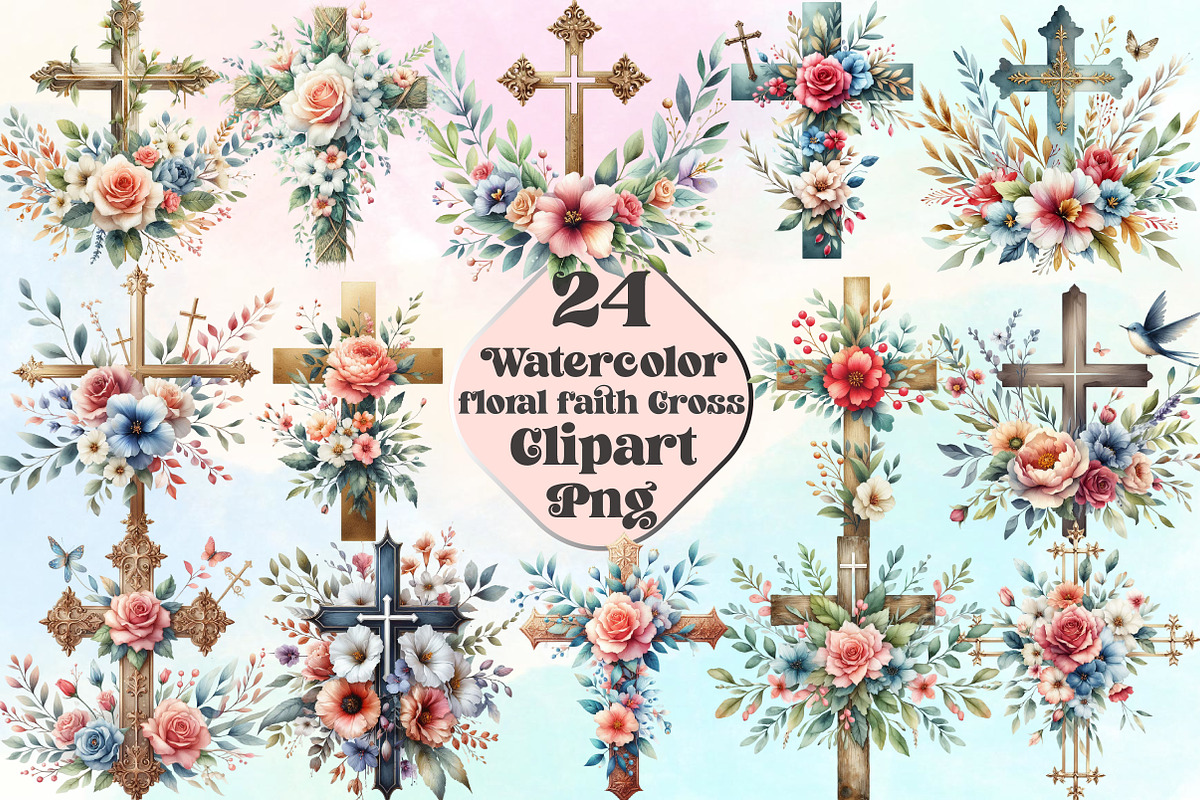 Watercolor Floral Faith Cross Clipar, an Illustration by CraftArtStudio (Photo 1 of 3)