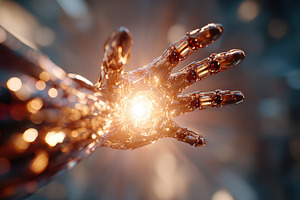 Futuristic robotic hand with glowing palm, a Technology Photo by AlyaAnd