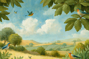 Summer countryside landscape view with flying birds, sunflowers,, an Illustration by Studio ANNA