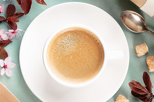 Spring Coffee Flat Lay with Blossoms, Gift and Notebook, a Food & Drink Photo by Natalia Klenova's Shop