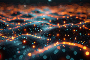 Abstract glowing data waves of blue and orange light dots visual, a Background Photo by José Manuel Gelpi