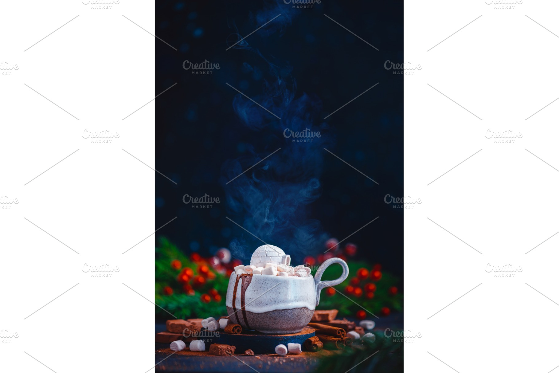Hot chocolate with marshmallows and containing winter, drink, and water, a Food & Drink Photo by dinabelenko