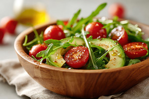 Fresh salad with cherry tomatoes and avocado, a Food & Drink Photo by AlyaAnd