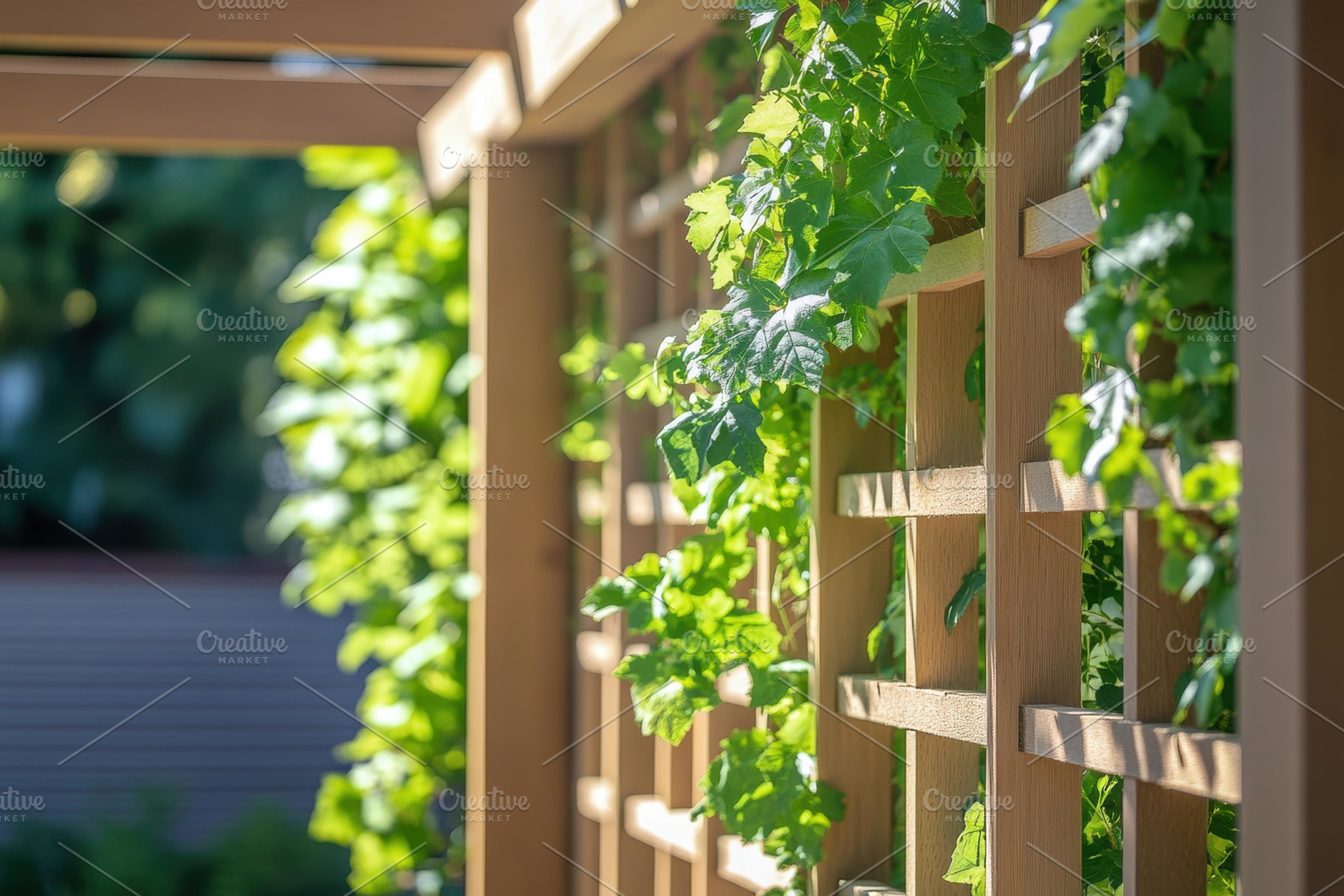 Green vines climb a wooden trellis i, a Photo by Tanuart