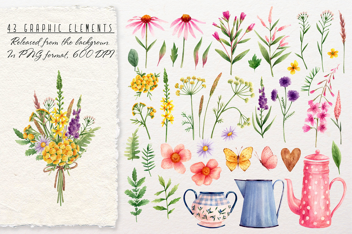 Wild flowers watercolor clipart, an Illustration by a_ptichkina (Photo 2 of 7)