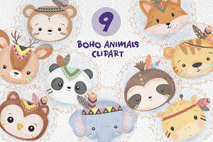 Cute Bohemian Animals Head Clipart