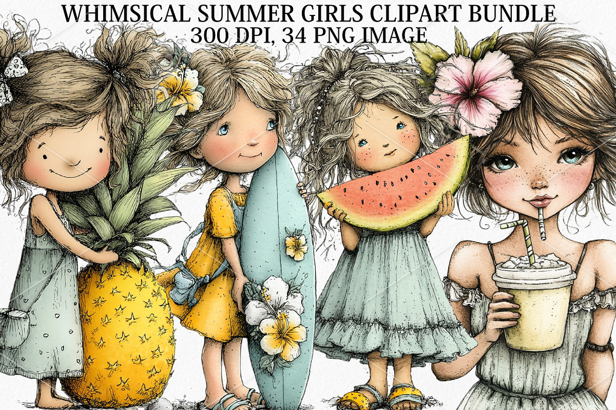 Whimsical Summer Girls Clipart PNG, a Seasonal Illustration by Canvas Craft (Photo 1 of 7)