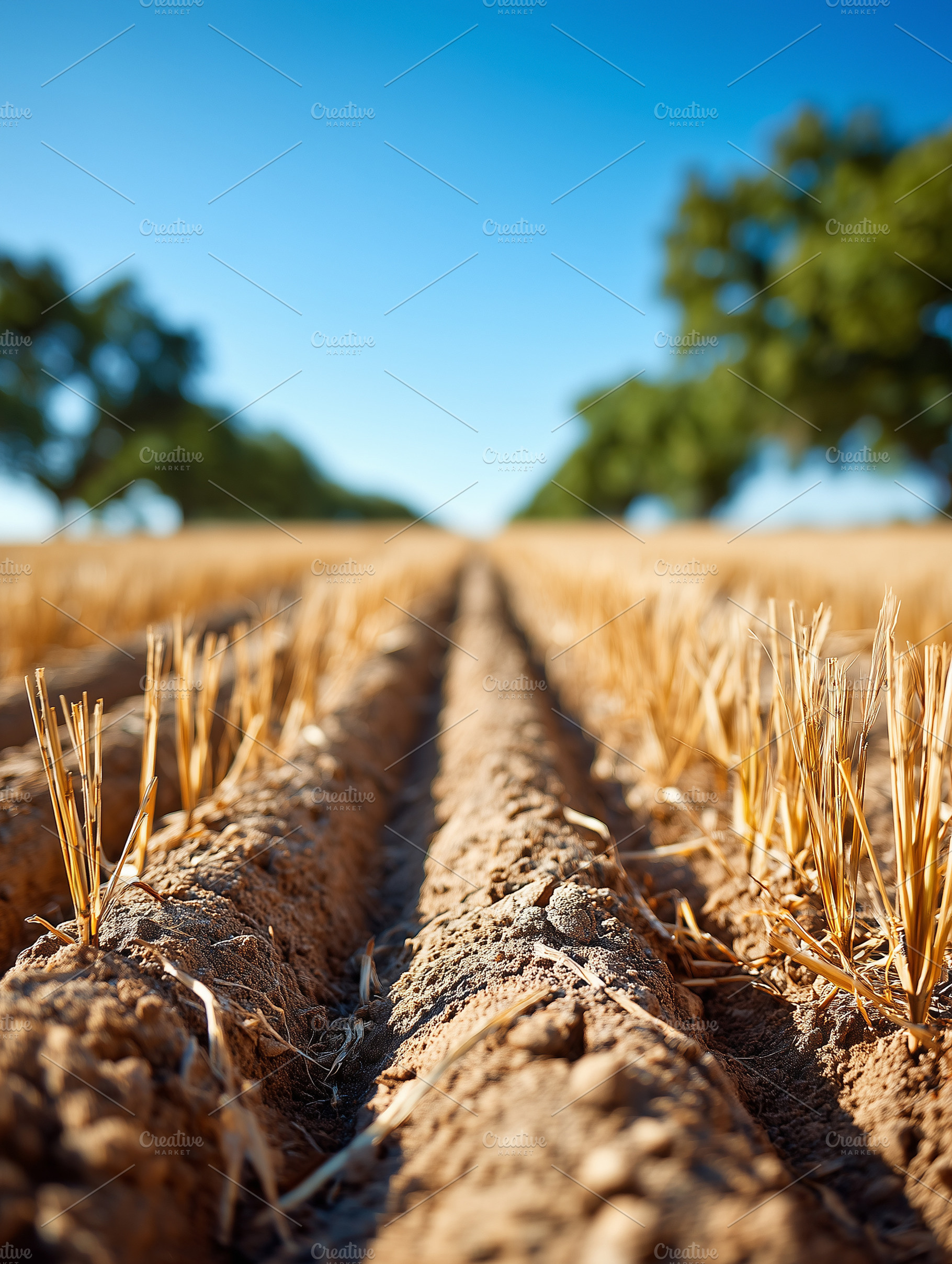 Low angle view of dry plowed field, an Industrial Photo by MistyDay