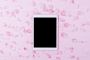 Festive flat lay composition electronic tablet