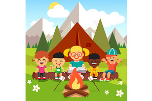 Kindergarten kids camping, an Education Illustration by Iconicbestiary