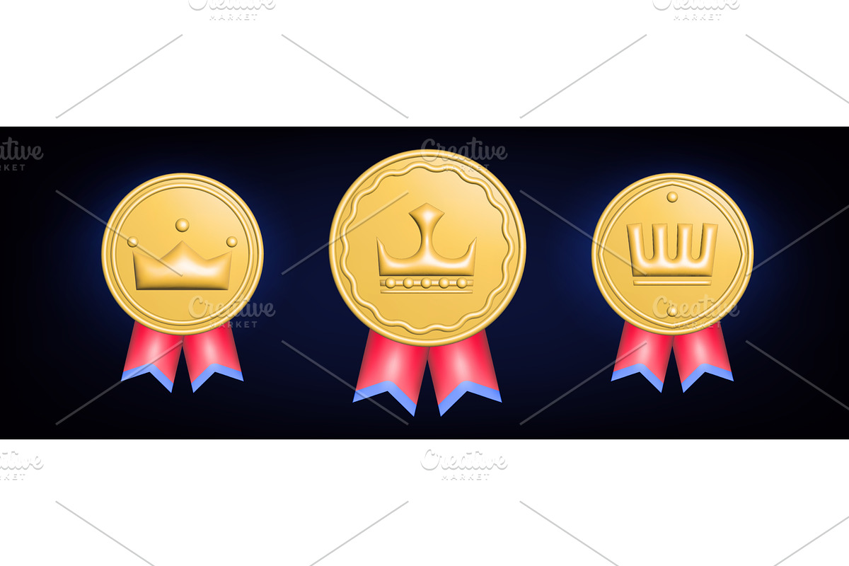 Gold medal award icons, red ribbon, an Object Illustration by art PVP - market