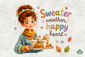 Cute Girl with Fall Drinks PNG, a Seasonal Illustration by Craft Nest
