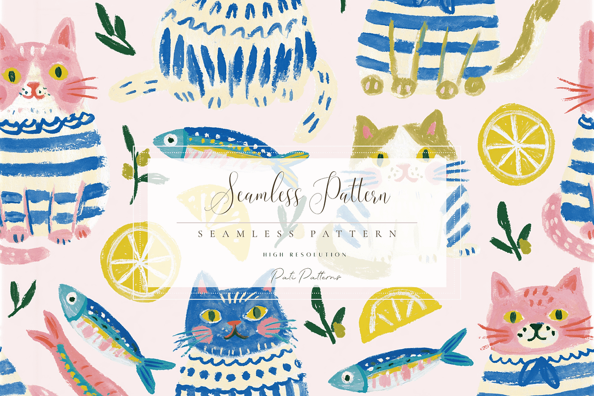 Seamless Cute Cat and Fish Pattern, a Pattern Graphic by Pati Charm Studio (Photo 1 of 6)