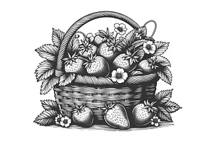 basket filled with strawberries, a Food Illustration by AlexArt