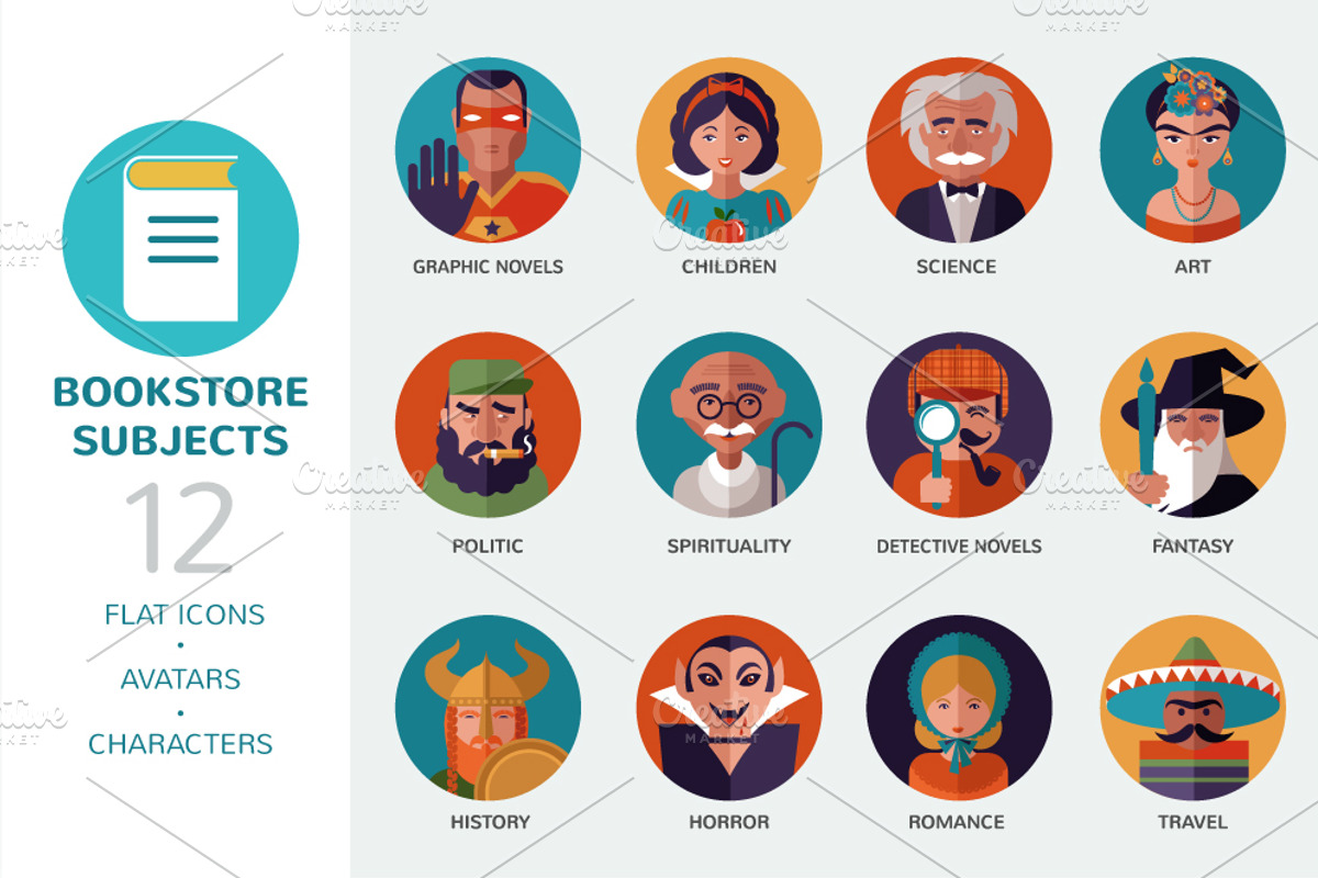 Bookstore subjects, flat icons, an Illustration by Marish (Photo 1 of 4)