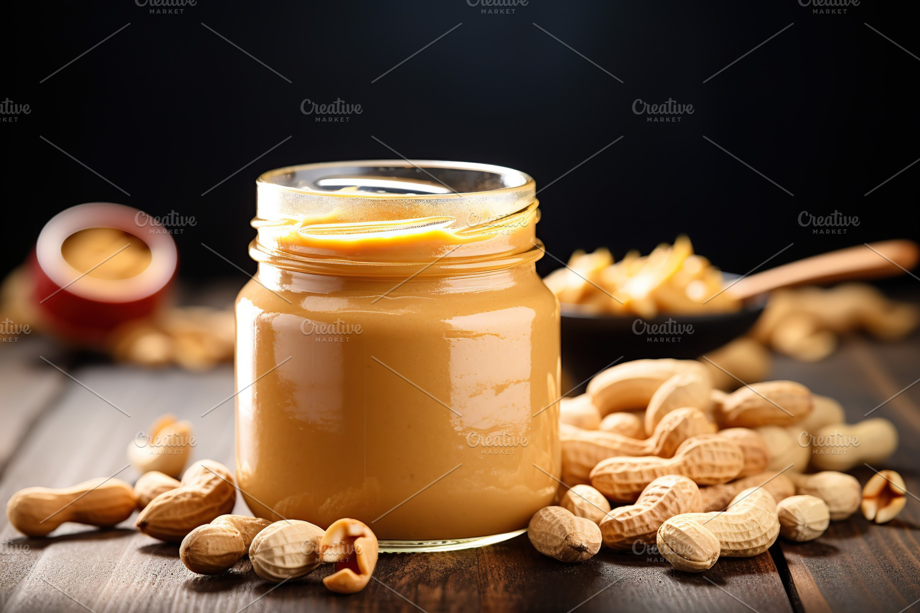 Glass jar with peanut butter on wooden background, a Food & Drink Photo by AlyaAnd